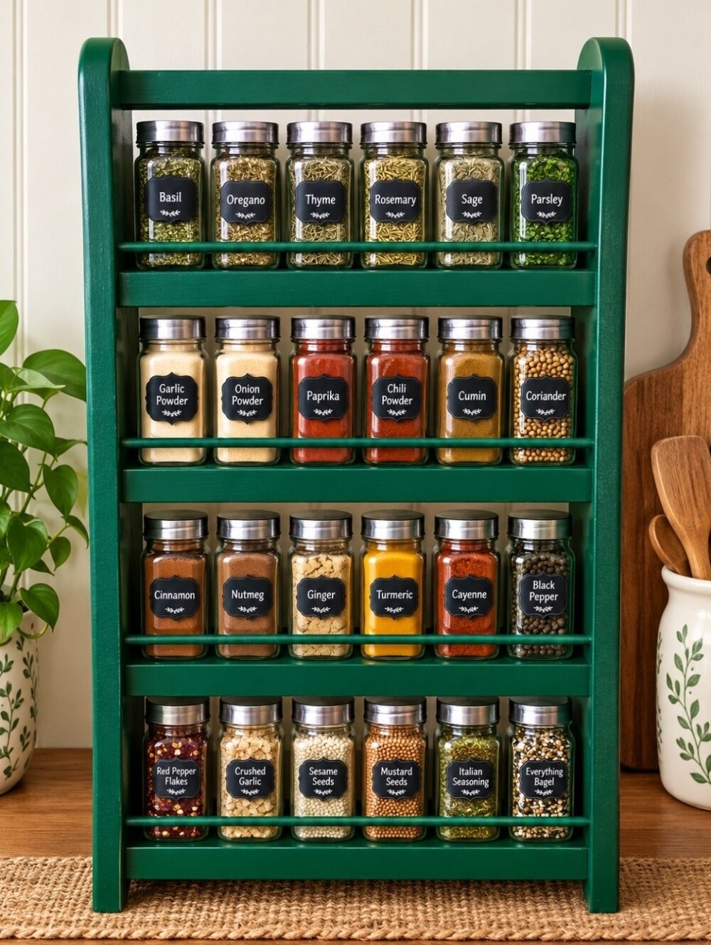 Vintage Wooden Painted Forest Green Spice Rack Display Trinket Curio Shelf